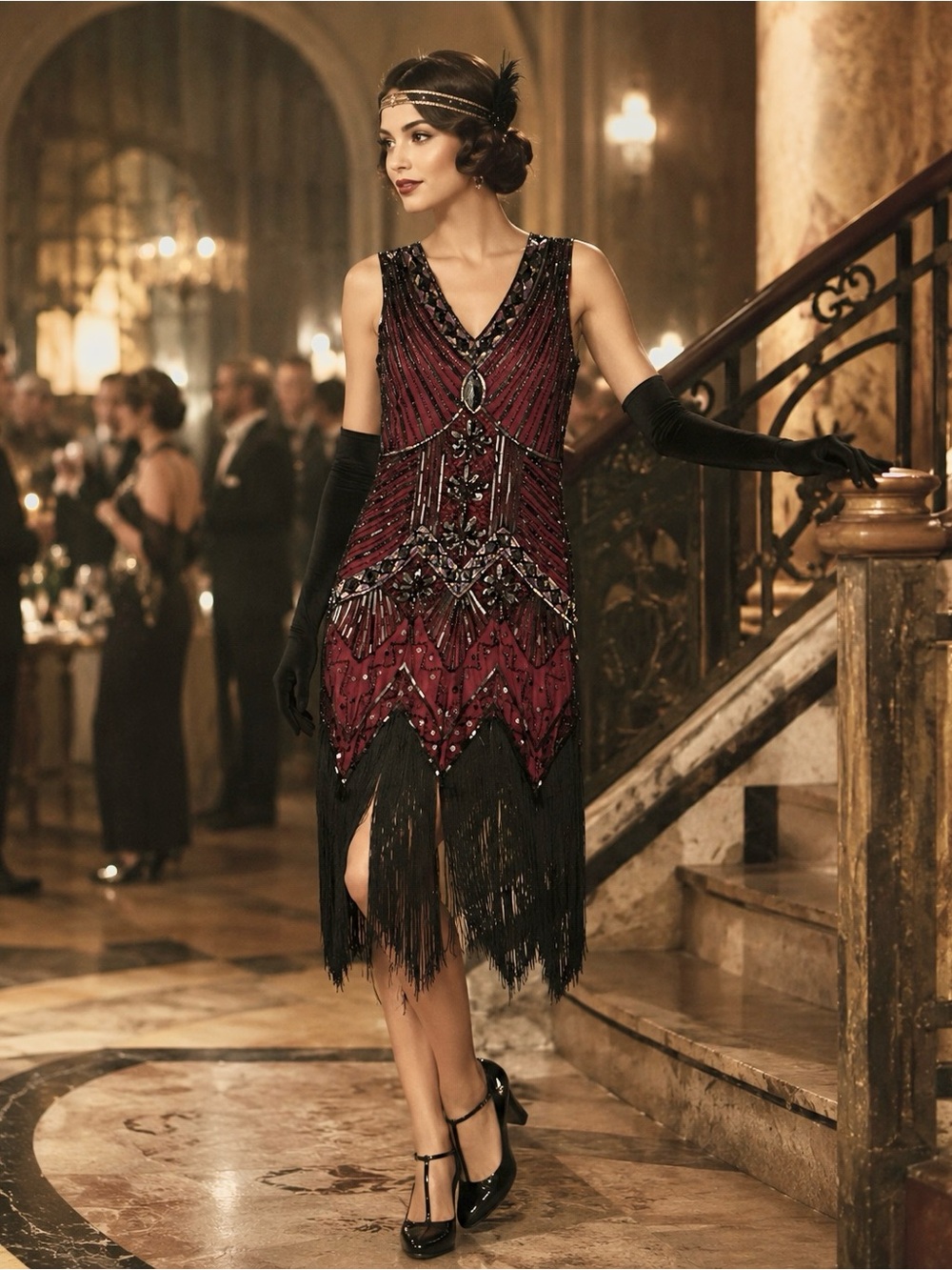 NWT Vijiv 1920s Style Burgundy & Black Sequins & Fringe Flapper Dress | Size XS